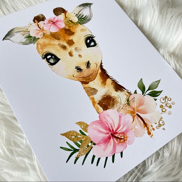 Cute Floral Giraffe Watercolor Wall Art Print Poster Unframed - Picture 12 of 15